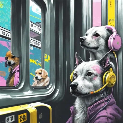 Prompt: pop art chalk pastel art of a detailed dog listening to music on the subway train in cyberpunk japan with planes in the background, sketch, detailed background, highres, fun atmosphere, natural lighting,  abstract, fun