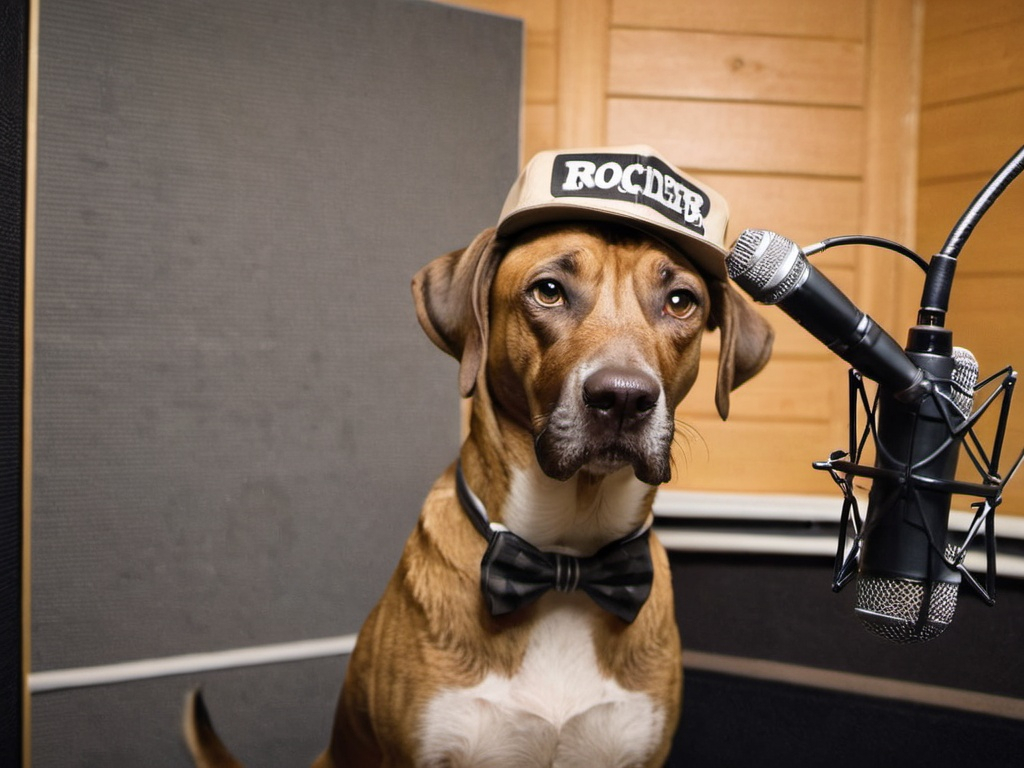 Prompt: black mountain cur dogs rap album dressed as gangsters in recording studio