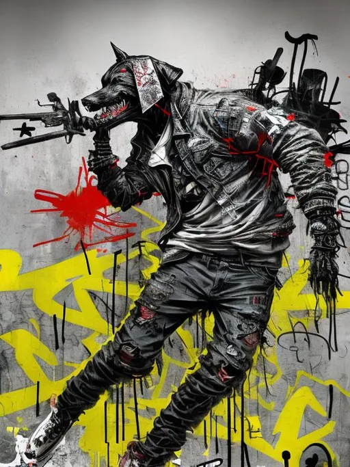 Prompt: Abstract art of a black dog in gangster punk clothes, graffiti-filled streets, patriotic, detailed, atmospheric lighting, intense battle in the background, highres, ultra-detailed, abstract, gangster punk, detailed clothing, patriotic theme, street graffiti, intense battle, atmospheric lighting