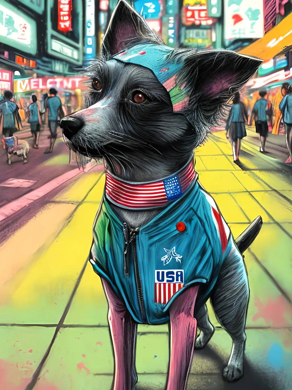 Prompt: pop art chalk pastel art of detailed dog wearing usa clothes playing in the streets in cyberpunk japan during a festival, sketch, detailed background, highres, fun atmosphere, natural lighting,  abstract, fun