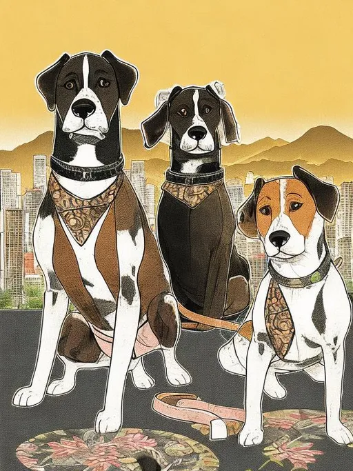 Prompt: black mountain cur dogs in yakuza outfit 90s poster