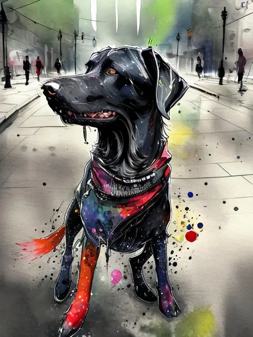 Prompt: a black dog wearing clothes having fun in the streets, water color, sketch, detailed background, highres, fun atmosphere, natural lighting