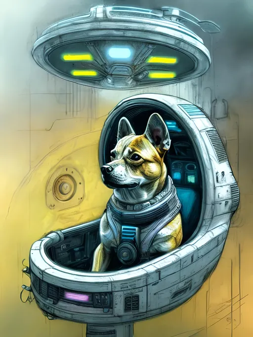 Prompt: chalk pastel style of a  detailed dog in a cyberpunk spaceship, sketch, detailed background, highres, fun atmosphere, natural lighting,  abstract, fun