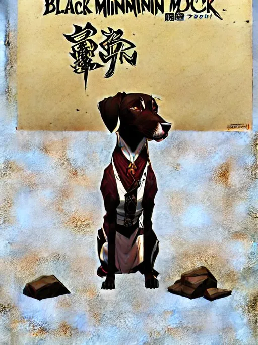 Prompt: black mountain cur dog in yakuza outfit 90s poster