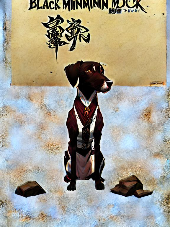 Prompt: black mountain cur dog in yakuza outfit 90s poster