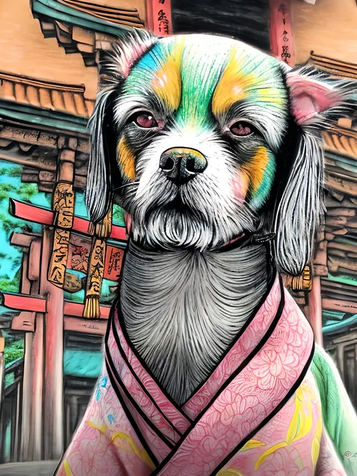 Prompt: pop art chalk pastel style of a  detailed dog in a kimono at a shrine, sketch, detailed background, highres, fun atmosphere, natural lighting,  abstract, fun