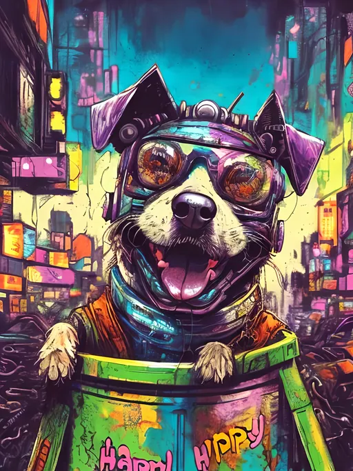 Prompt: Detailed happy dog wearing clothes dumpster diving during a festival, sketch, pop art chalk pastel, detailed cyberpunk city background, grunge, highres, abstract, natural lighting, lively atmosphere, fun, detailed dogs, colorful, chaotic, vibrant, happy-go-lucky