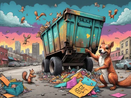 Prompt: Detailed happy dog dumpster diving, sketch, pop art chalk pastel, detailed post-apocalyptic city background, grunge, highres, abstract, natural lighting, lively atmosphere, fun, detailed squirrels, colorful, chaotic, vibrant, happy-go-lucky