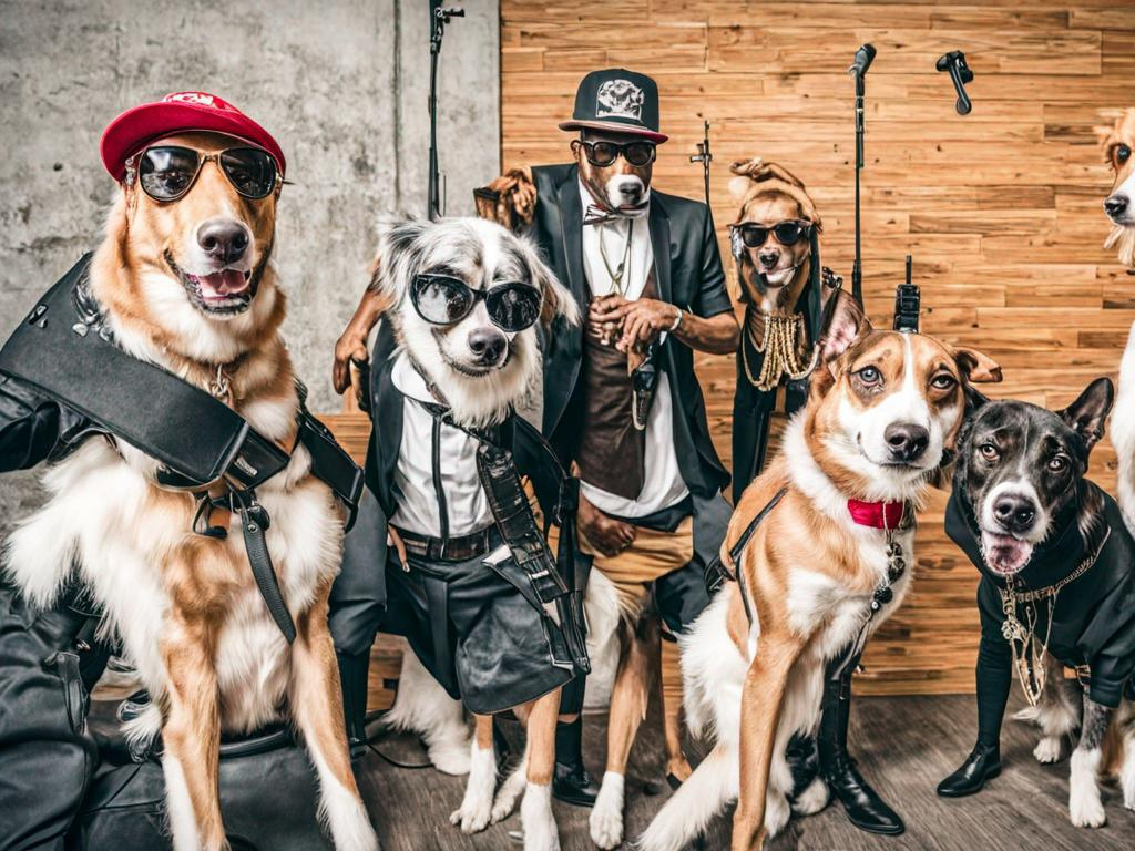 Prompt: black mountain cur dogs rap album dressed as gangsters in recording studio