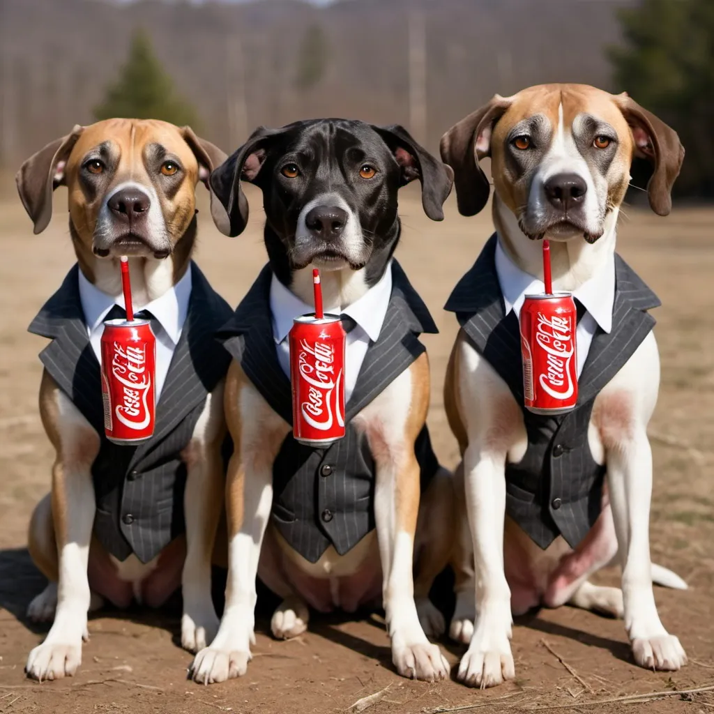 Prompt: black mountain cur dogs dressed like gangster drinking soda