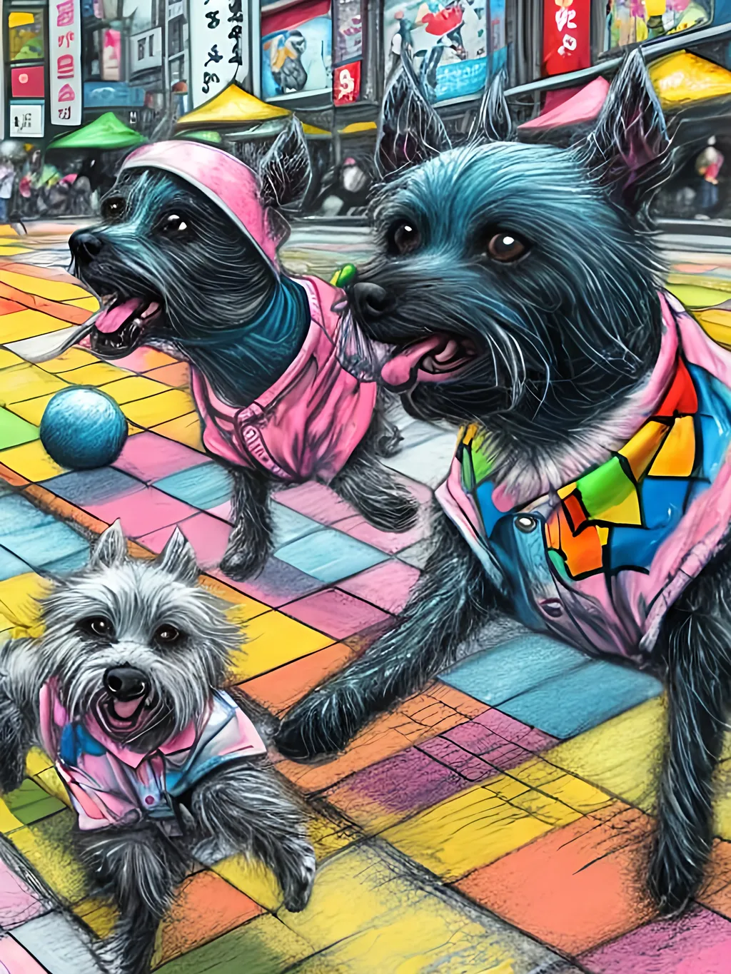 Prompt: pop art chalk pastel art of detailed dogs wearing clothes playing in the streets in japan during a festival, sketch, detailed background, highres, fun atmosphere, natural lighting,  abstract, fun