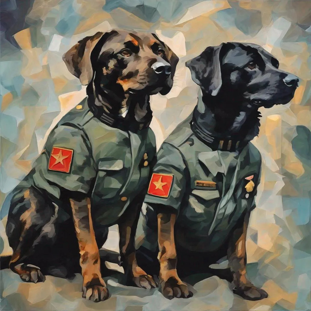 Prompt: mountain cur black dogs in pilot uniform abstract art