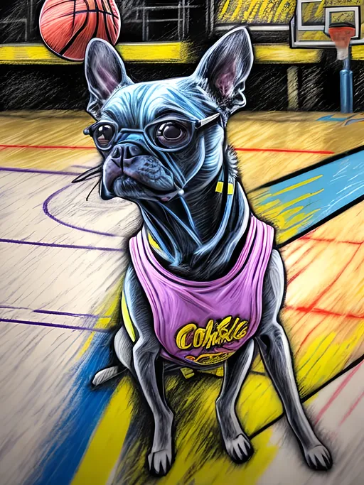 Prompt: pop art chalk pastel art of detailed dog at a basket ball game in cyberpunk japan, sketch, detailed background, highres, fun atmosphere, natural lighting,  abstract, fun