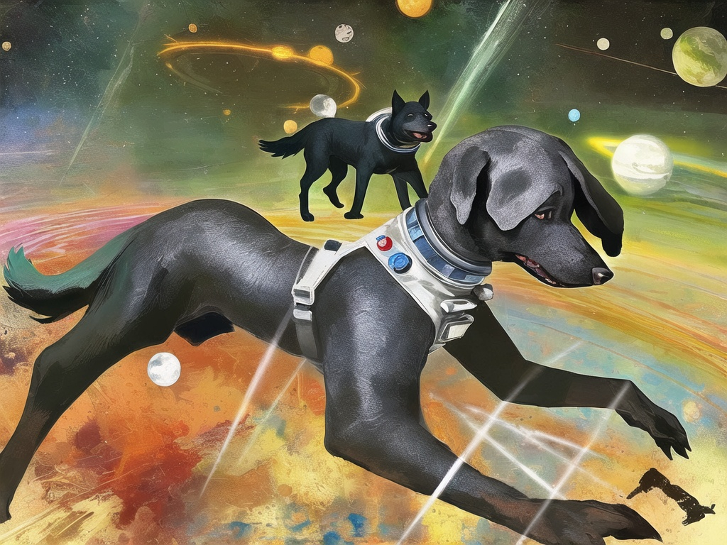 Prompt: abstract art, black dogs, in space, in astronaut outfits