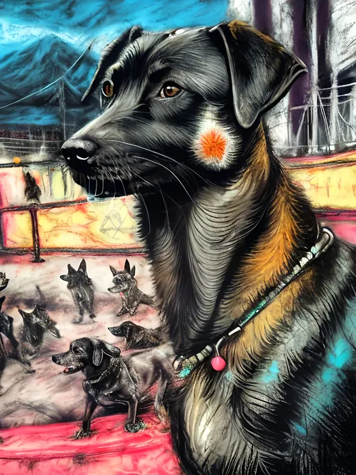 Prompt: Detailed mountain cur all black dog at a circus, festival, chalk pastel, grunge, highres, abstract, natural lighting, lively atmosphere, fun, vibrant, happy-go-lucky, detailed dogs, detailed eyes, detailed fur, festive, flying, post-apocalyptic, Japan, chalk pastel, detailed background, grunge style, abstract art, high quality, natural lighting