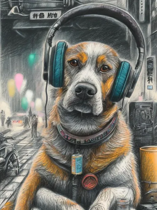 Prompt: chalk pastel art of a detailed dog listening to music on the streets in post-apocalyptic Japan during a festival with planes in the background, sketch, detailed background, highres, fun atmosphere, natural lighting,  abstract, fun