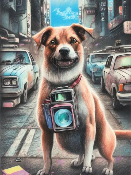 Prompt: chalk pastel art of a detailed dog with a polaroid camera on the streets in post-apocalyptic Japan during a festival with planes in the background, sketch, detailed background, highres, fun atmosphere, natural lighting,  abstract, fun