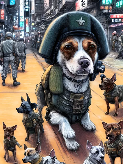 Prompt: chalk pastel art of a detailed dogs wearing military uniforms on the streets in cyberpunk japan during a festival, sketch, detailed background, highres, fun atmosphere, natural lighting,  abstract, fun