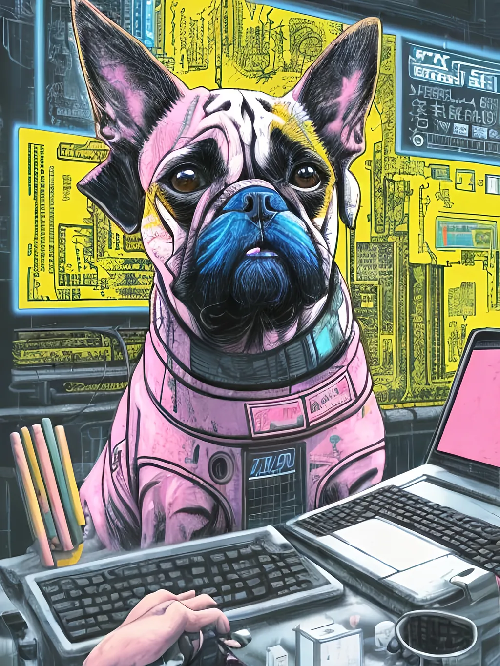 Prompt: pop art chalk pastel art of detailed dog hacking computers in cyberpunk japan, sketch, detailed background, highres, fun atmosphere, natural lighting,  abstract, fun