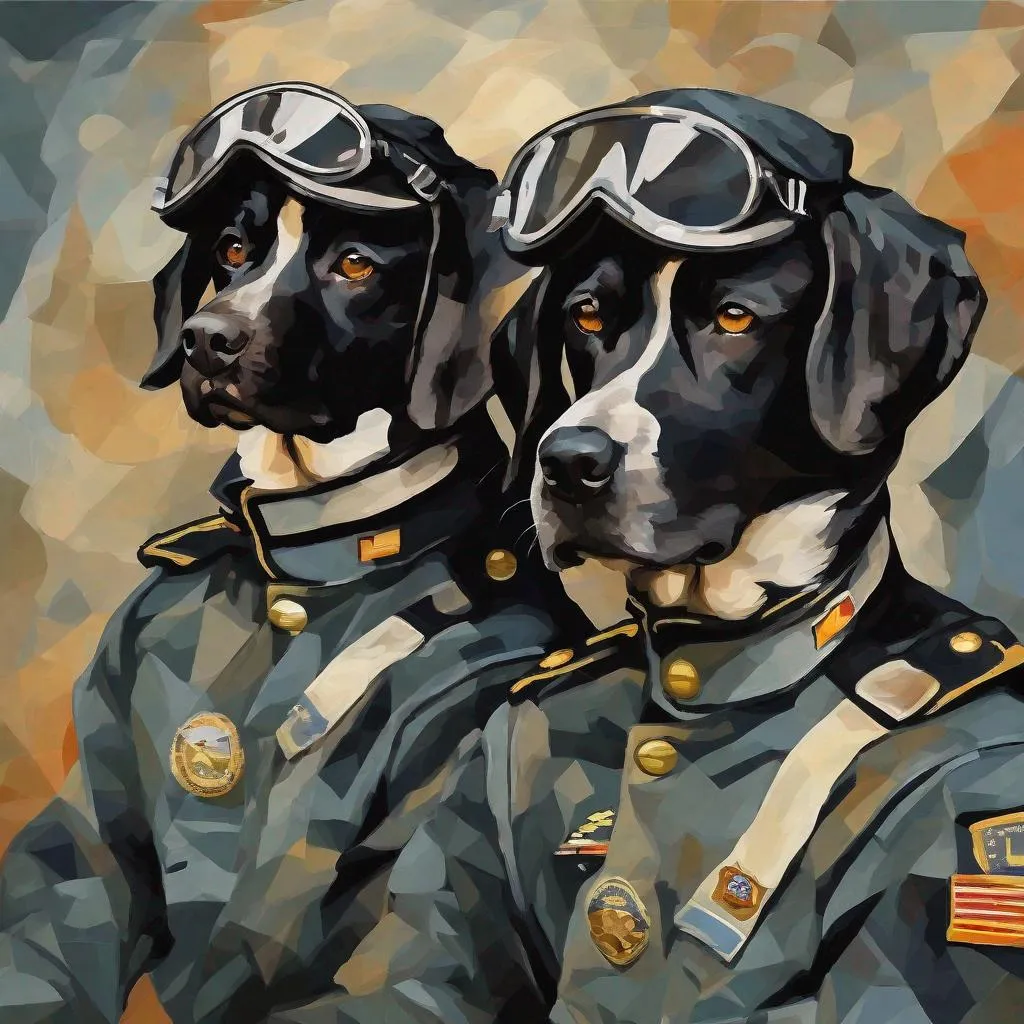 Prompt: mountain cur black dogs in pilot uniform abstract art