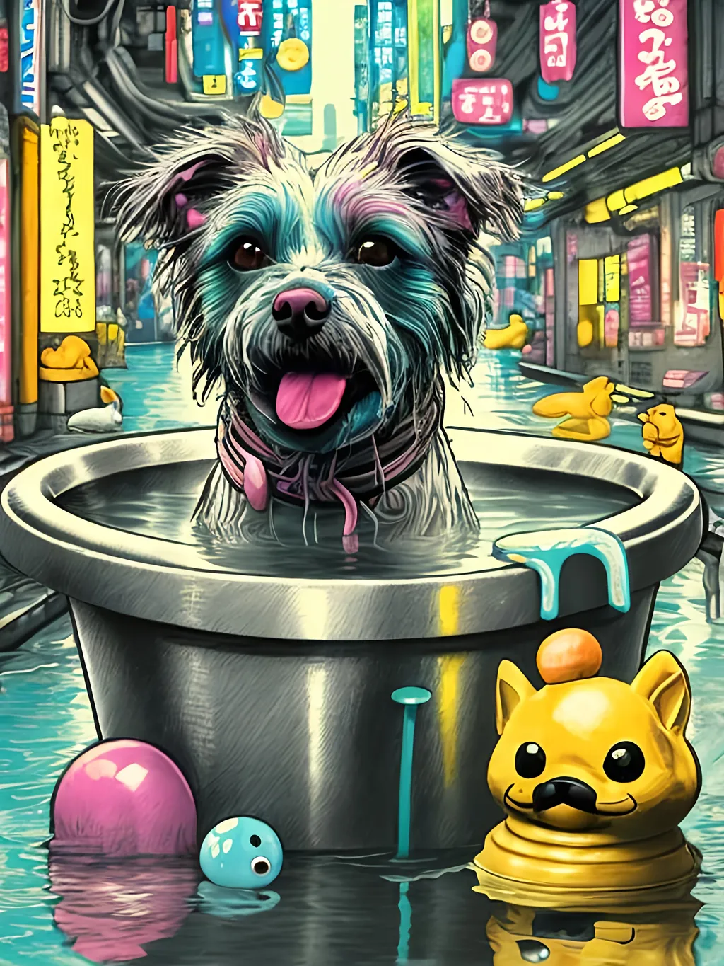 Prompt: pop art chalk pastel art of detailed dog taking a bath with a rubber ducky in cyberpunk japan, sketch, detailed background, highres, fun atmosphere, natural lighting,  abstract, fun