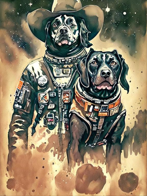 Prompt: Surrealism black dogs in cowboy outfits in space, abstract art style, cowboy hat, eerie atmosphere, floating celestial bodies, mysterious nebulae, dreamlike, surreal, high contrast, otherworldly, abstract, space, astronaut, eerie atmosphere, celestial bodies, dreamlike, surreal, high contrast, mysterious, nebulae, dogs