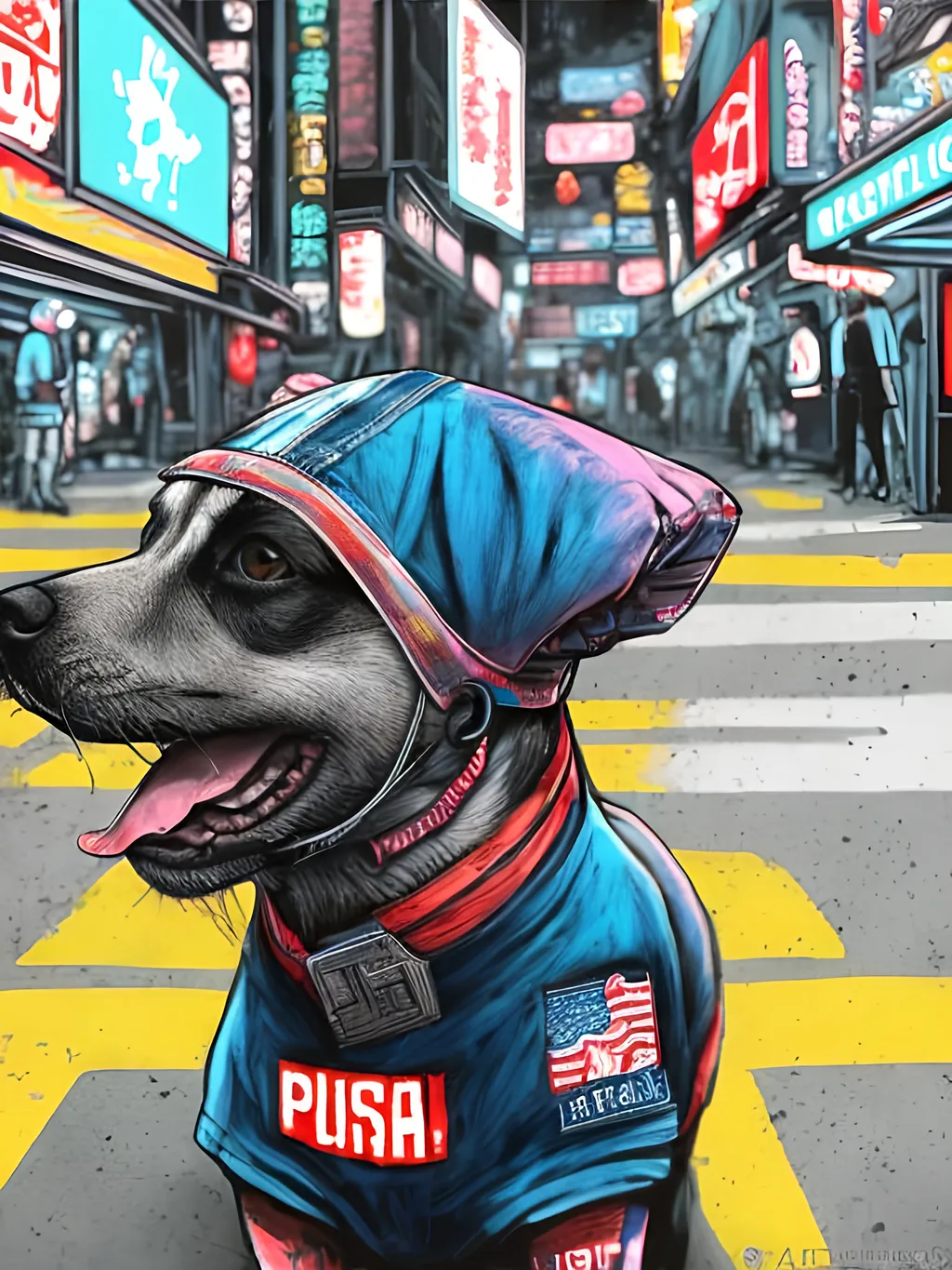 Prompt: pop art chalk pastel art of detailed dog wearing USA clothes playing in the streets in cyberpunk japan during a festival, sketch, detailed background, highres, fun atmosphere, natural lighting,  abstract, fun