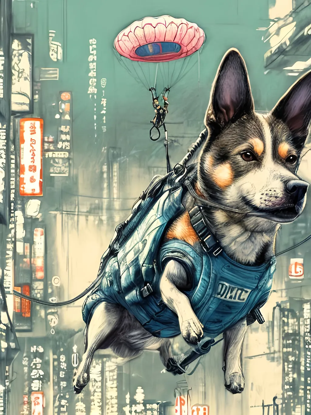 Prompt: chalk pastel style of a  detailed dog parachuting in cyberpunk japan, sketch, detailed background, highres, fun atmosphere, natural lighting,  abstract, fun