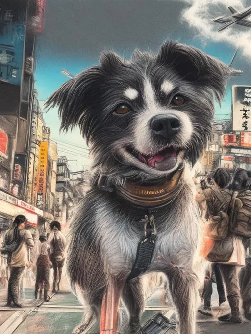 Prompt: chalk pastel art of a detailed dog with a polaroid camera on the streets in post-apocalyptic Japan during a festival with planes in the background, sketch, detailed background, highres, fun atmosphere, natural lighting,  abstract, fun