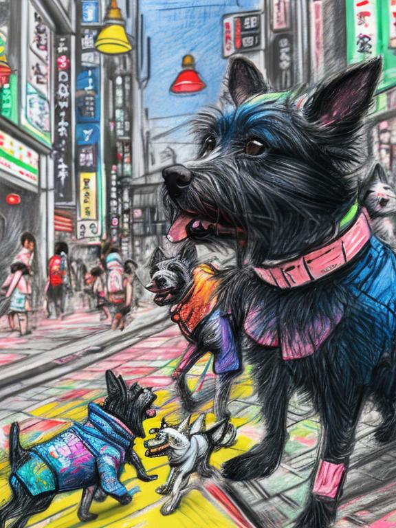 Prompt: pop art chalk pastel art of detailed dogs wearing clothes playing in the streets in japan during a festival, sketch, detailed background, highres, fun atmosphere, natural lighting,  abstract, fun