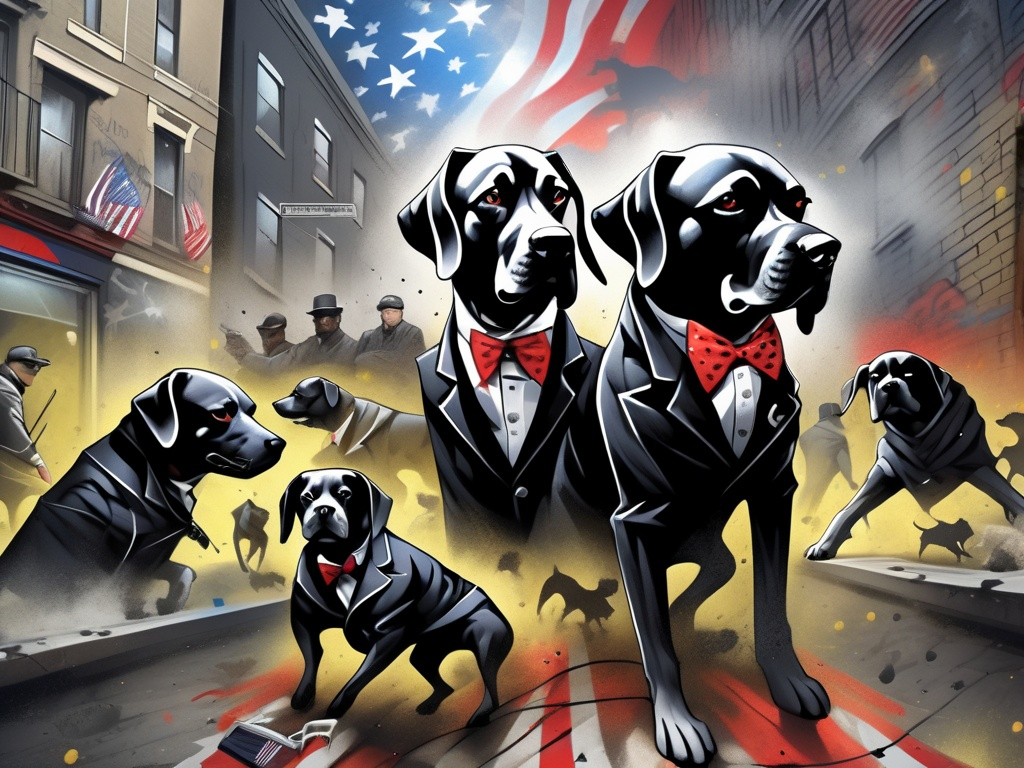 Prompt: surreal, Abstract art of a black dogs in gangster clothes, graffiti, streets, patriotic, detailed, atmospheric lighting, battle in the background, highres, abstract, gangster, detailed clothing, patriotic theme, streets, atmospheric lighting, dogs