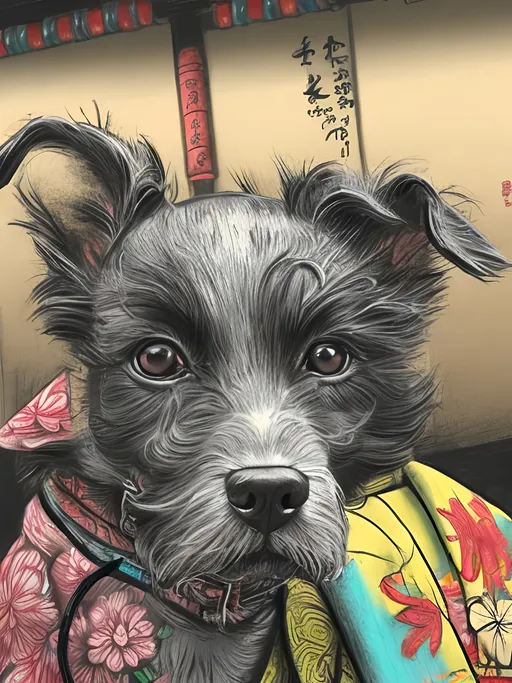 Prompt: pop art chalk pastel style of a  detailed dog in a kimono at a shrine, sketch, detailed background, highres, fun atmosphere, natural lighting,  abstract, fun