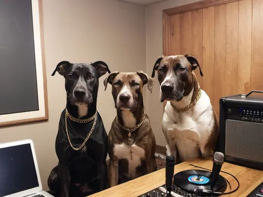 Prompt: black mountain cur dogs rap album dressed as gangsters in recording studio