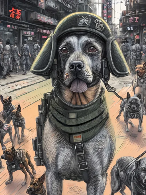 Prompt: chalk pastel art of a detailed dogs wearing military uniforms on the streets in cyberpunk japan during a festival, sketch, detailed background, highres, fun atmosphere, natural lighting,  abstract, fun