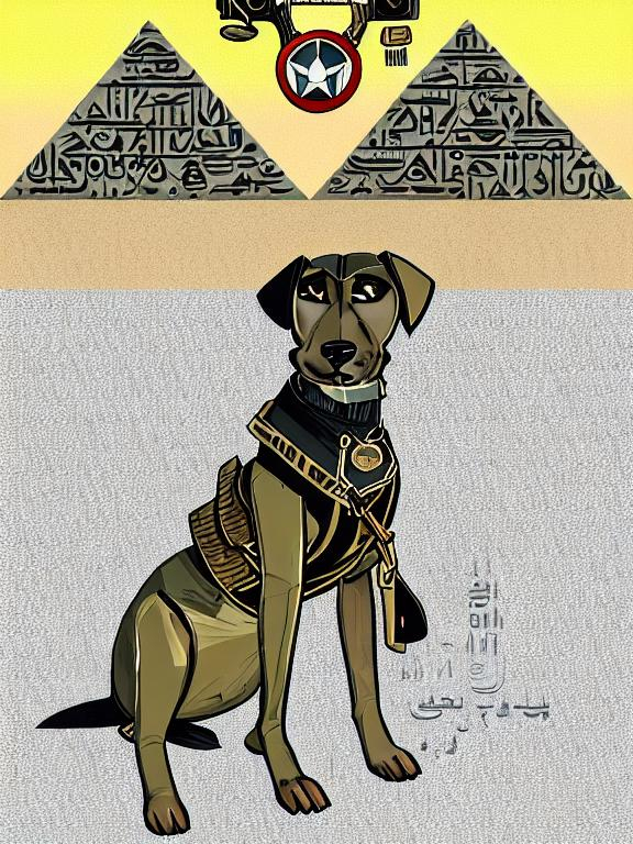 Prompt: black mountain cur dog in military gear in egypt 90s poster