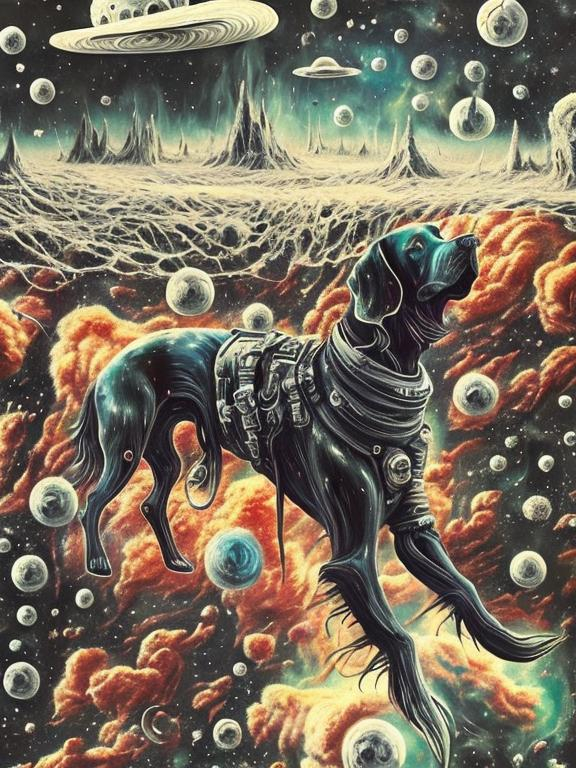 Prompt: Surrealism black dogs in gangster outfits in space, abstract art style, cowboy hat, fun atmosphere, floating celestial bodies, mysterious nebulae, dreamlike, surreal, high contrast, otherworldly, abstract, space, astronaut, fun atmosphere, celestial bodies, dreamlike, surreal, high contrast, mysterious, nebulae, dogs, usa, patriotic, trump