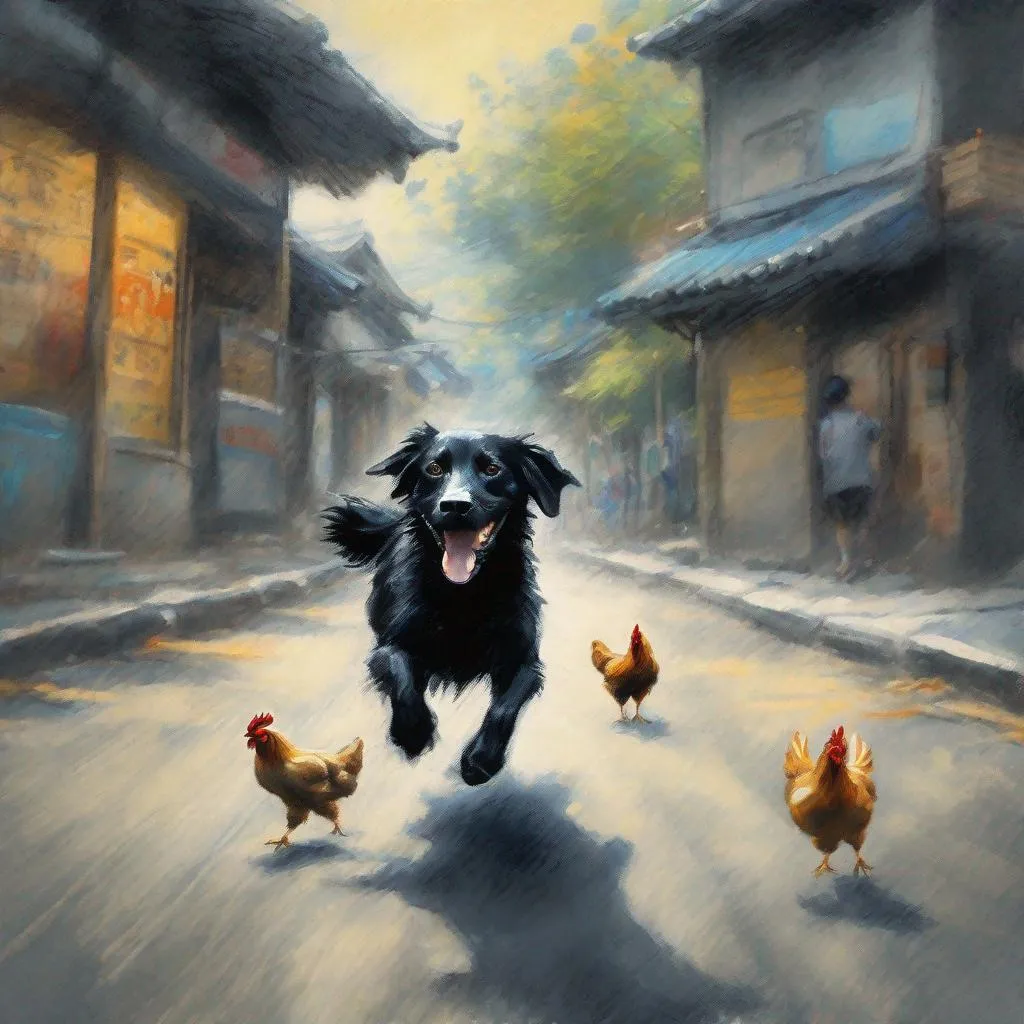 Prompt: chalk pastel art of a black dog wearing clothes chasing a chicken in the streets in japan, sketch, detailed background, highres, fun atmosphere, natural lighting, pastel colors, abstract, fun