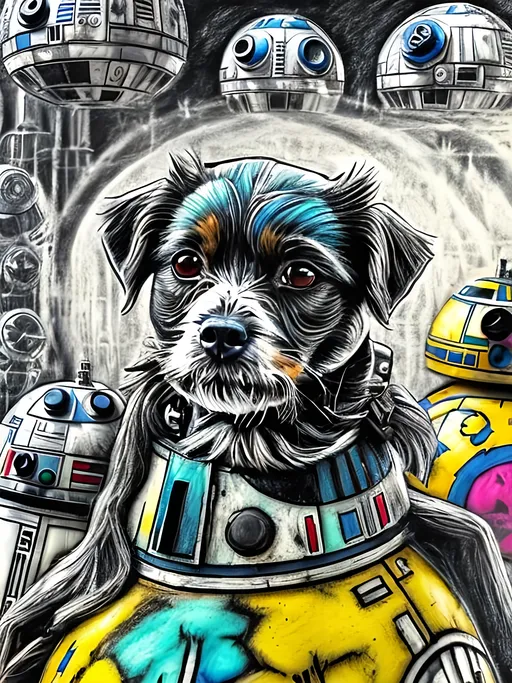 Prompt: pop art chalk pastel art of detailed dog in star wars, sketch, detailed background, highres, fun atmosphere, natural lighting,  abstract, fun