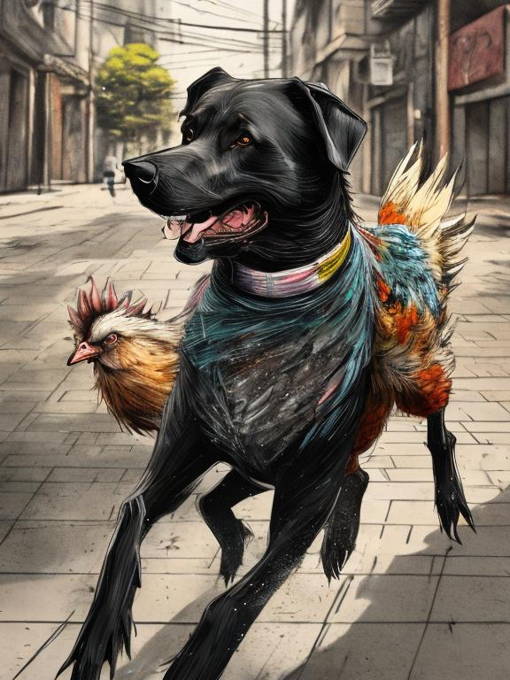 Prompt: a black dog wearing clothes chasing a chicken in the streets, sketch, detailed background, highres, fun atmosphere, natural lighting, pastel colors, abstract