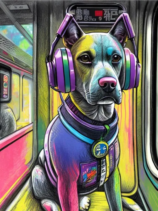 Prompt: pop art chalk pastel art of a detailed dog listening to music on the train in cyberpunk japan during a festival, sketch, detailed background, highres, fun atmosphere, natural lighting,  abstract, fun