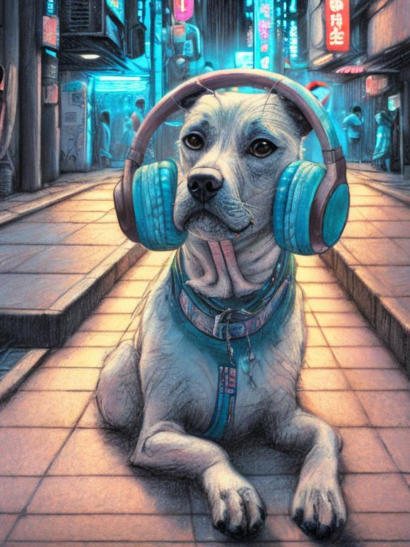 Prompt: chalk pastel art of a detailed dog listening to music on the streets in cyberpunk japan during a festival, sketch, detailed background, highres, fun atmosphere, natural lighting,  abstract, fun