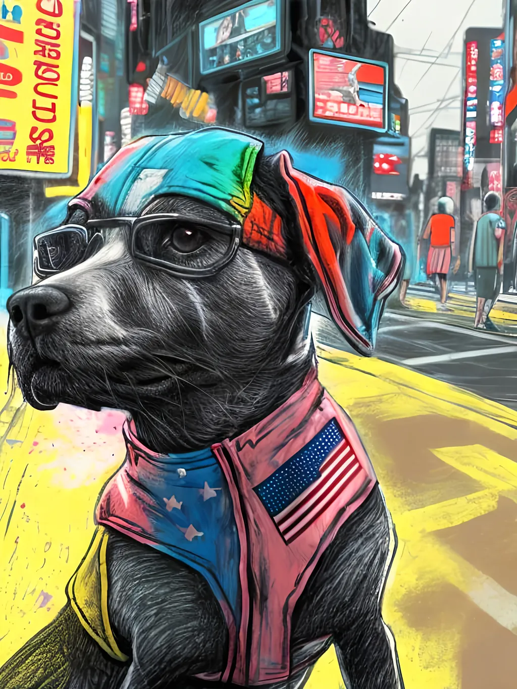 Prompt: pop art chalk pastel art of detailed dog wearing USA clothes playing in the streets in cyberpunk japan during a festival, sketch, detailed background, highres, fun atmosphere, natural lighting,  abstract, fun