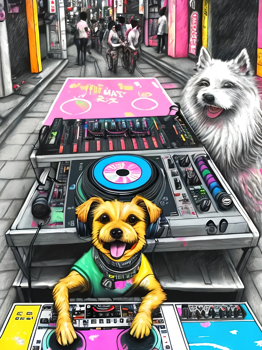 Prompt: pop art chalk pastel art of detailed dog DJing in the streets in Japan during a festival, sketch, detailed background, highres, fun atmosphere, natural lighting,  abstract, fun