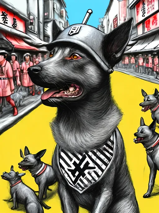 Prompt: pop art chalk pastel art of detailed dogs wearing nazi uniforms playing in the streets in japan during a festival, sketch, detailed background, highres, fun atmosphere, natural lighting,  abstract, fun