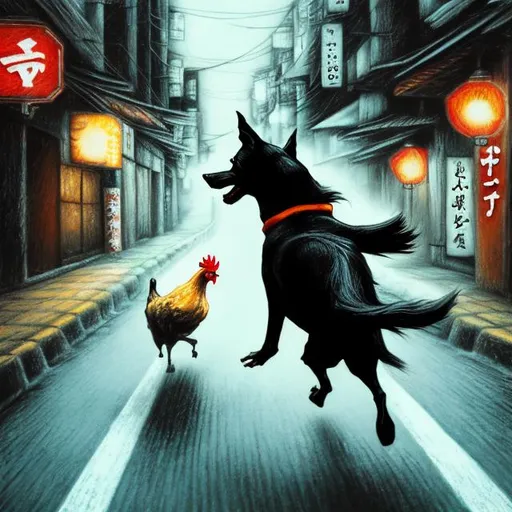 Prompt: chalk pastel art of a black dog wearing clothes chasing a chicken in the streets in japan, sketch, detailed background, highres, fun atmosphere, natural lighting, pastel colors, abstract, fun