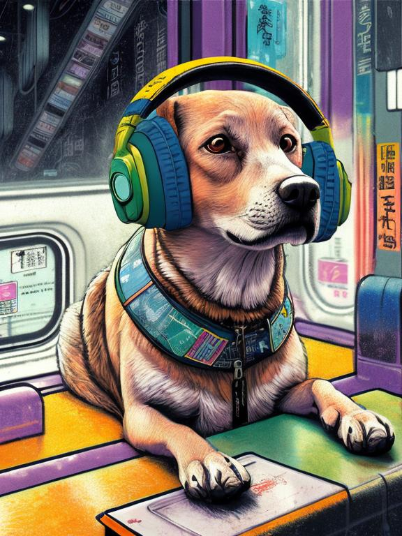 Prompt: pop art chalk pastel art of a detailed dog listening to music on the subway train in cyberpunk japan with planes in the background, sketch, detailed background, highres, fun atmosphere, natural lighting,  abstract, fun