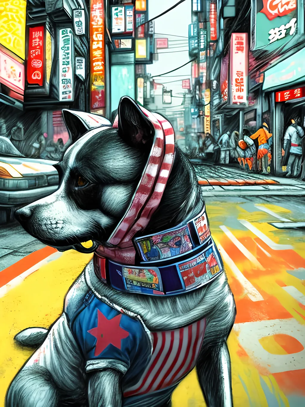 Prompt: pop art chalk pastel art of detailed dog wearing USA clothes playing in the streets in cyberpunk japan during a festival, sketch, detailed background, highres, fun atmosphere, natural lighting,  abstract, fun