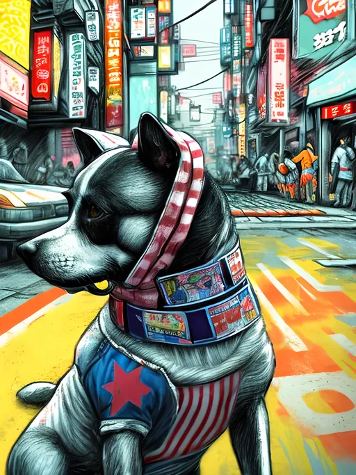 Prompt: pop art chalk pastel art of detailed dog wearing USA clothes playing in the streets in cyberpunk japan during a festival, sketch, detailed background, highres, fun atmosphere, natural lighting,  abstract, fun