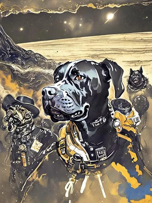 Prompt: Surrealism black dogs in cowboy outfits in space, abstract art style, cowboy hat, eerie atmosphere, floating celestial bodies, mysterious nebulae, dreamlike, surreal, high contrast, otherworldly, abstract, space, astronaut, fun atmosphere, celestial bodies, dreamlike, surreal, high contrast, mysterious, nebulae, dogs