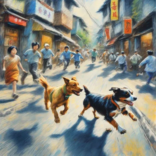 Prompt: chalk pastel art of dogs wearing clothes chasing a chicken in the streets in japan, sketch, detailed background, highres, fun atmosphere, natural lighting, pastel colors, abstract, fun
